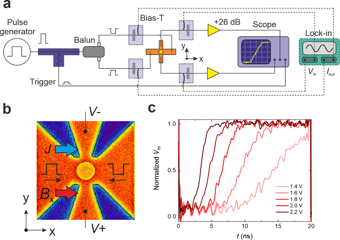 (a) Schematic of the electric setup for the real-time Hall effect measurements. (b) False-color image of the ferrimagnetic GdFeCo dot on top of a Pt Hall cross. The thin arrows show the direction of two simultaneous counter-propagating current pulses. The solid arrow indicates the applied field. (c) Averaged time-resolved Hall voltage showing magnetization switching following the injection of 20-ns-long current pulses of different amplitude. Adapted from Sala et al., Nat. Comm., (2021).
